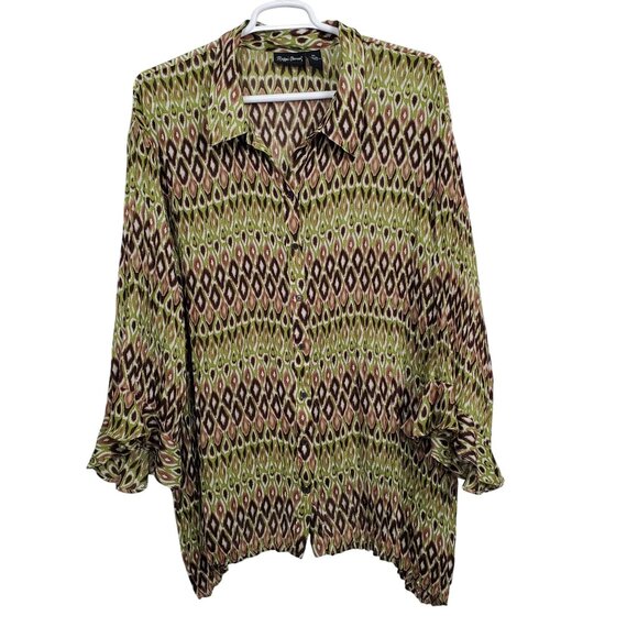 Maggie Barnes 5X Blouse Button Down Abstract Chiffon Flutter Ruffle Forest Fairy - Picture 2 of 10